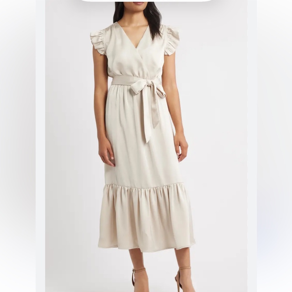 Nwt Sam Edelman Fluid Satin Flutter Sleeve Maxi Dress - Champagne - Size 12